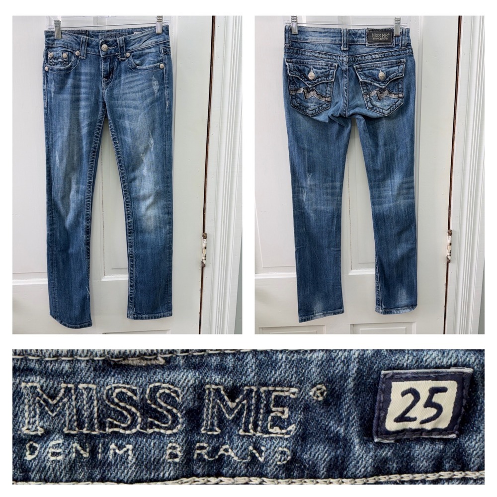 Miss‎ Me Thick Stitch Distressed Straight Leg Denim Jeans Women's 25 x 31